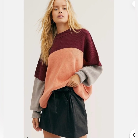 Free People Sweaters - Free People Oversized Colorblock Knit Sweater Burgundy Peach Gray XS Boho‎ Indie